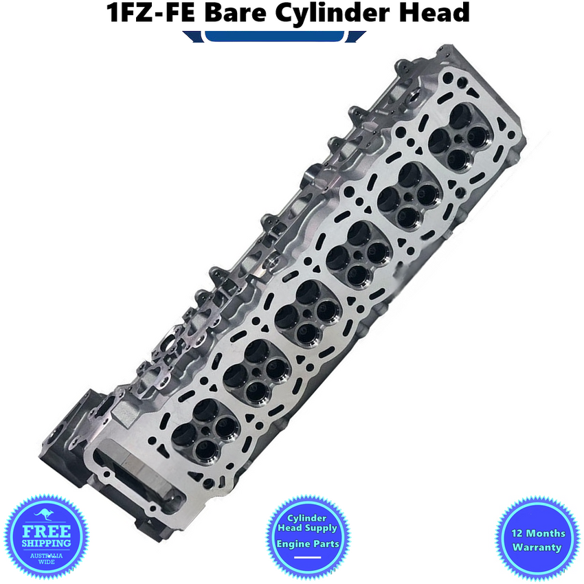 1FZ-FE Bare Cylinder Head with Cylinder Head Supply branding and warranty details on a white background