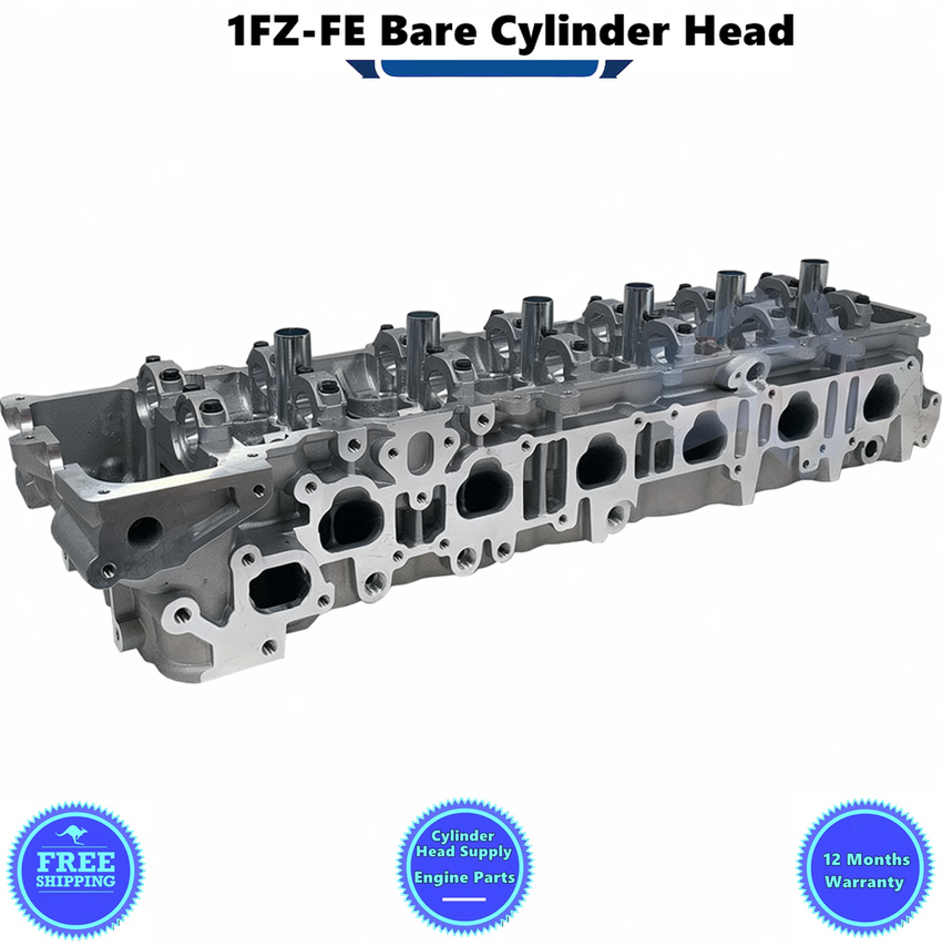 1FZ-FE Bare Cylinder Head with warranty details, Cylinder Head Supply branding on a white background.