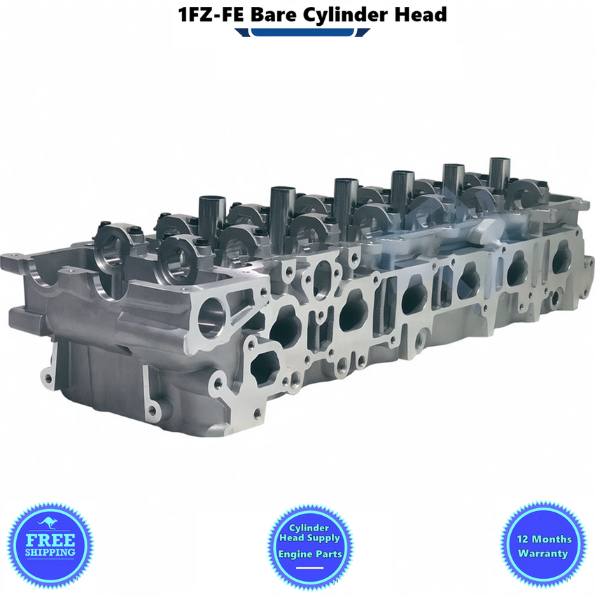 1FZ-FE Bare Cylinder Head with Cylinder Head Supply branding and warranty details on a white background