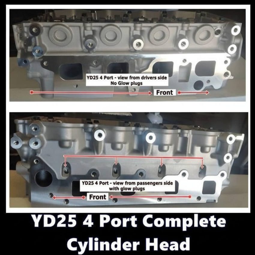 YD25 4 Port complete cylinder head with labels from different angles.