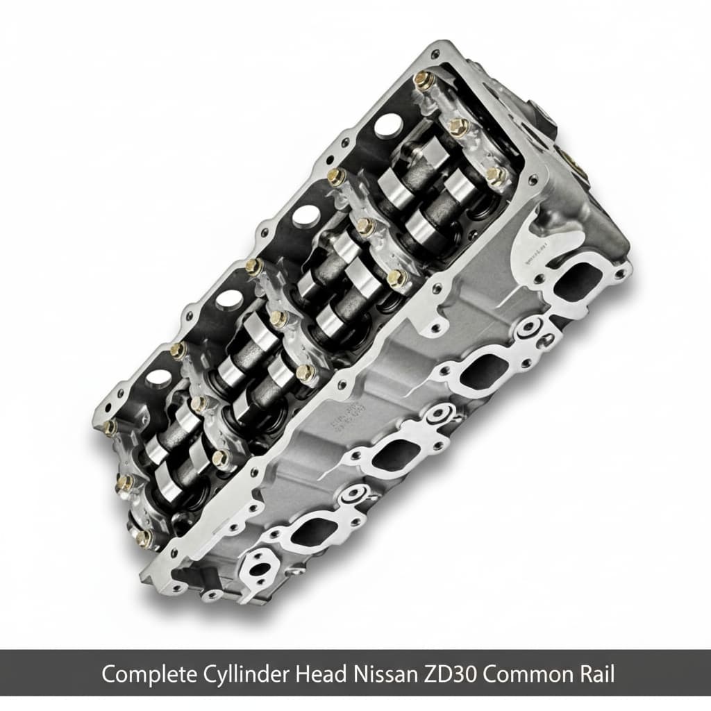 A silver metallic Nissan ZD30 common rail complete cylinder head shown at an angle on a white background with a dark gray text banner at the bottom.