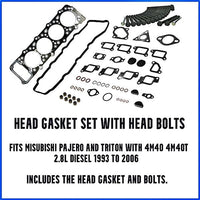 Head Gasket Set Mitsubishi Pajero Triton 4M40 4M40T with Head Bolts - Cylinder Head Supply Midland